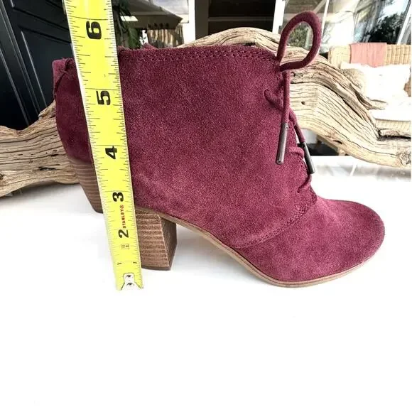 TOMS Lunata Oxblood Suede Booties Block Heel Lace Up Ankle Boots Size 6 - Picture 8 of 9